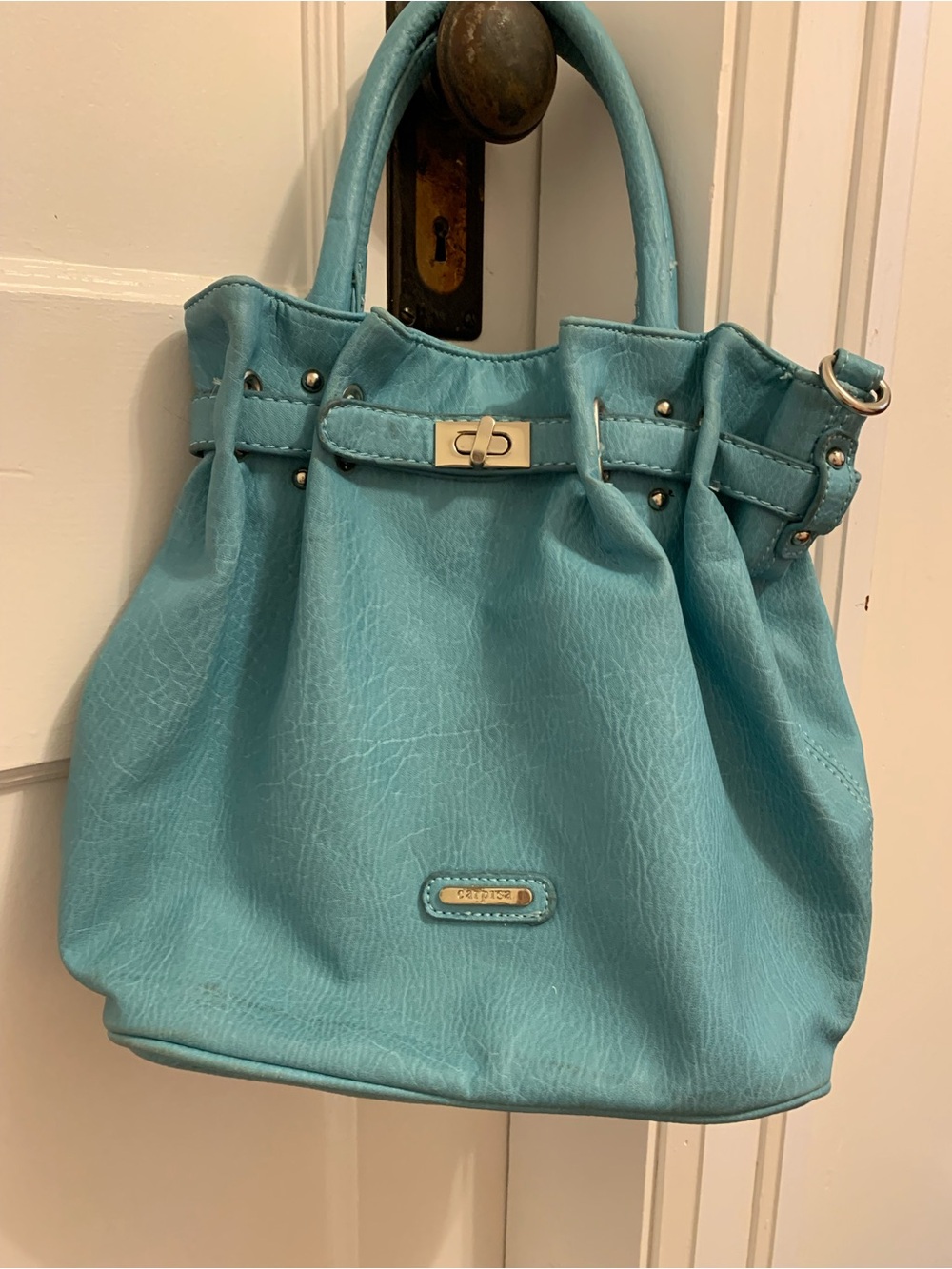 Turquoise Shoulder Tote Bag with Turn-Lock Detail